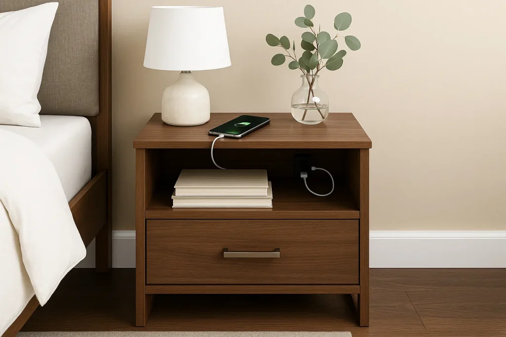  Modern nightstand with a drawer and shelf, holding a lamp, book, and phone.

