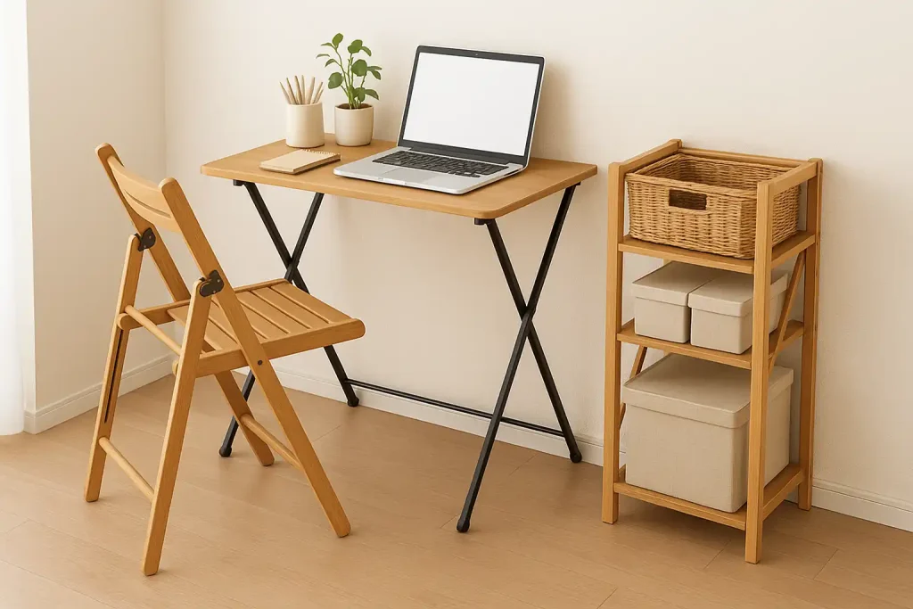 Foldable desk and chair set up against a wall, with storage tucked nearby.