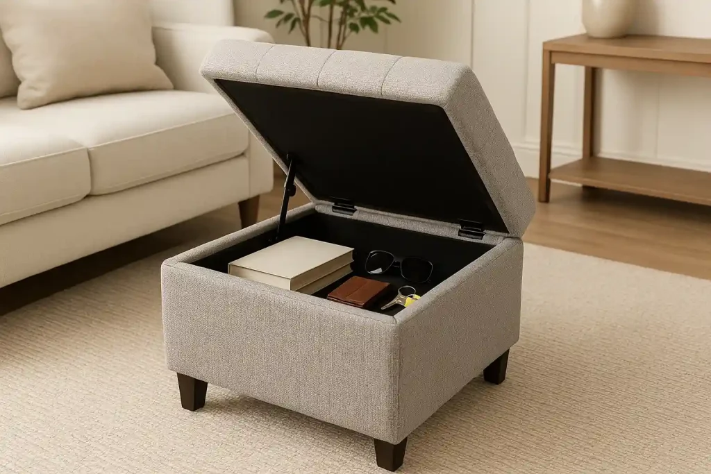  Velvet storage ottoman at the foot of the bed, top lifted to reveal hidden storage.

