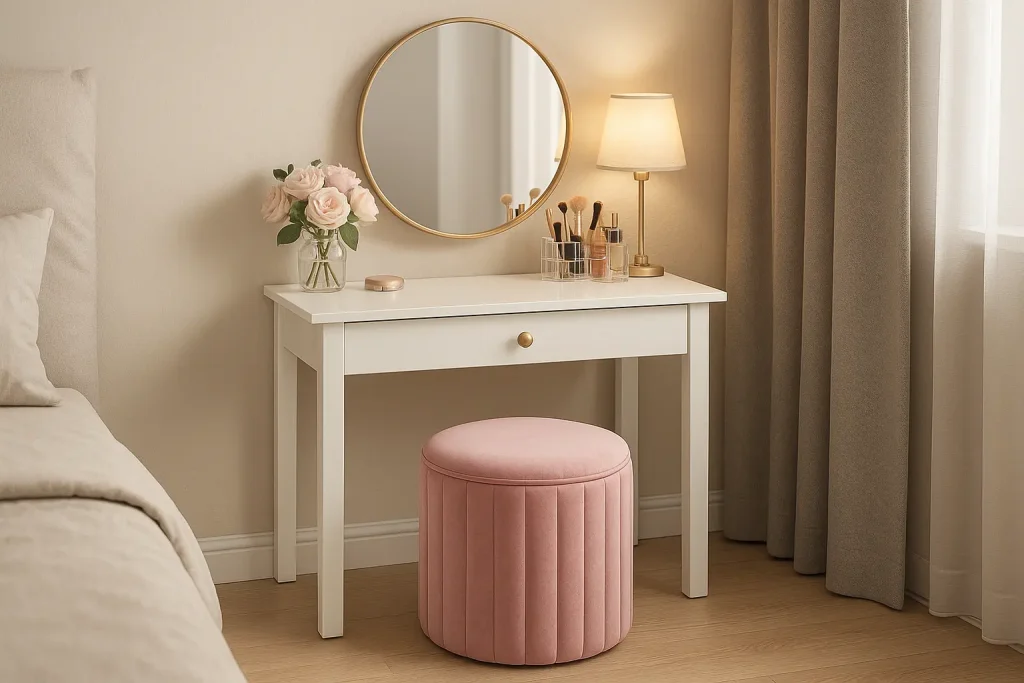 Small white vanity table with round mirror, acrylic organizers, and a stool.