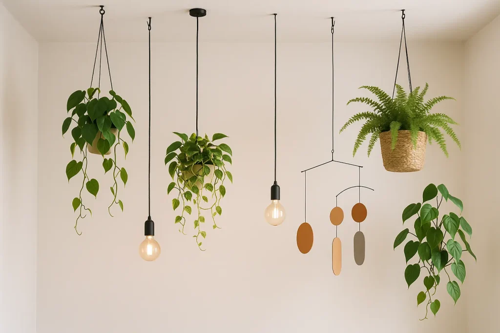  hook holding a hanging plant in a sunny corner of a small bedroom.

