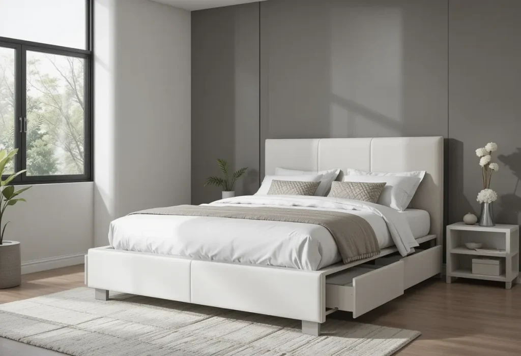 Bedroom with a low-profile storage bed featuring built-in drawers and neutral bedding.