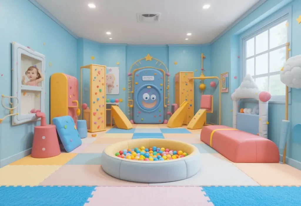 "Toddler gym room with soft climbing toys, mats, and play equipment for physical activity."