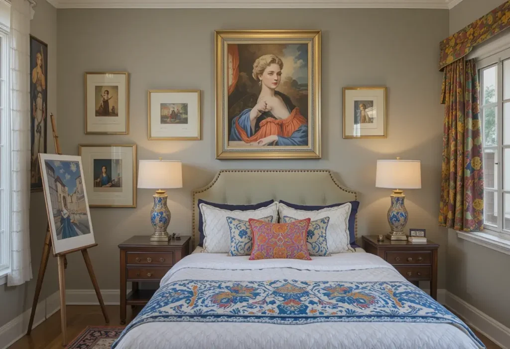"Guest room designed for art lovers, featuring framed artwork, easel decor, and gallery-style lighting."