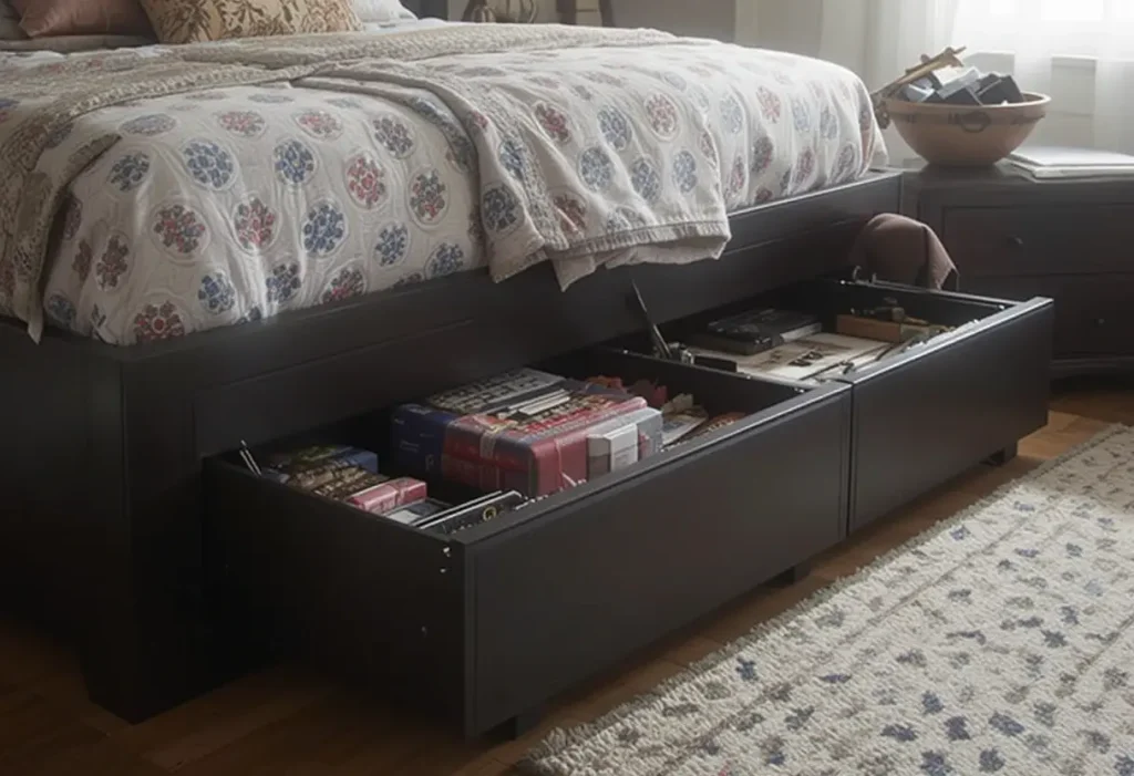 Gallery wall with curated frames, prints, and photos above a stylish desk setup.