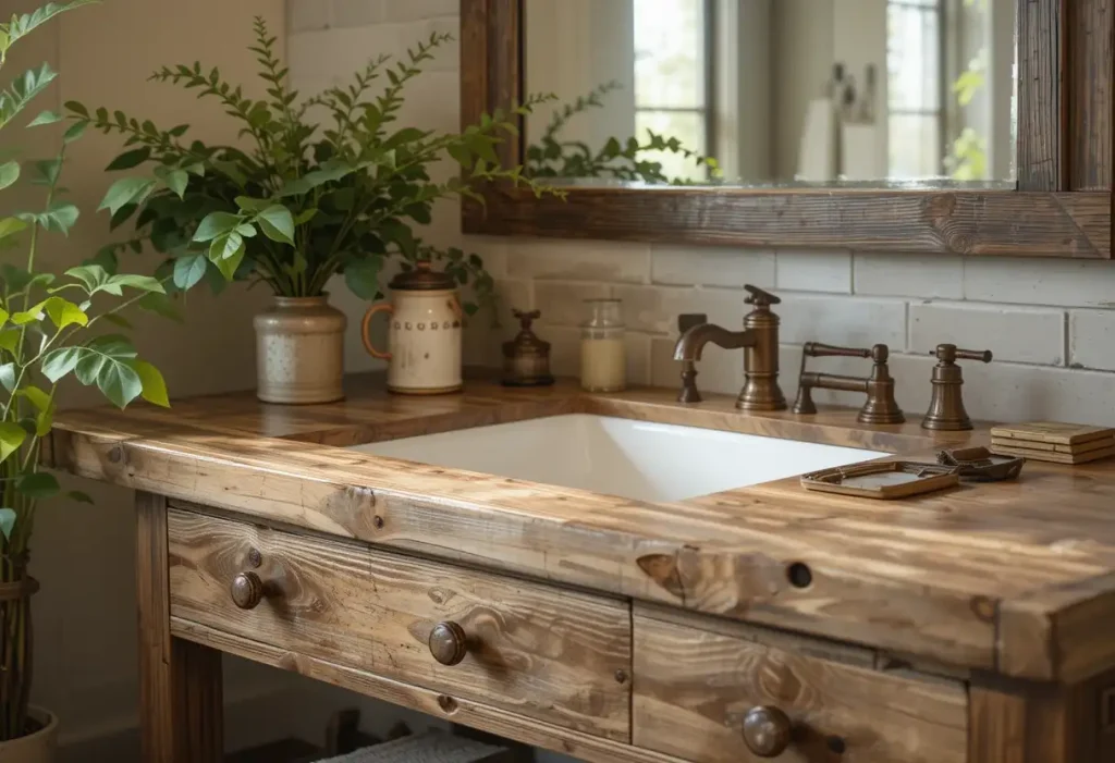 Rustic reclaimed wood vanity with natural textures, greenery, and vintage knobs.