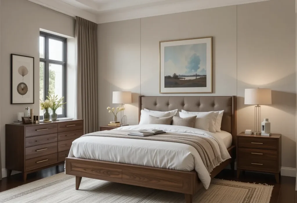 Sleek walnut wood dresser in a brown-themed bedroom with minimal surface clutter.