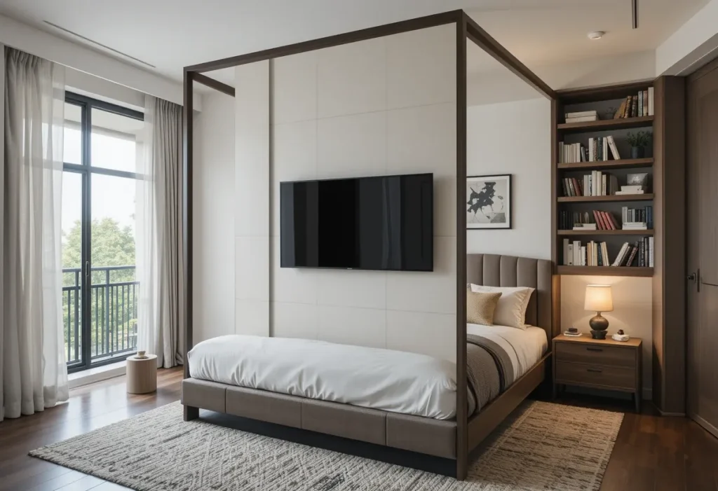 TV mounted on a pivoting room divider between sleeping and sitting zones in a brown bedroom.