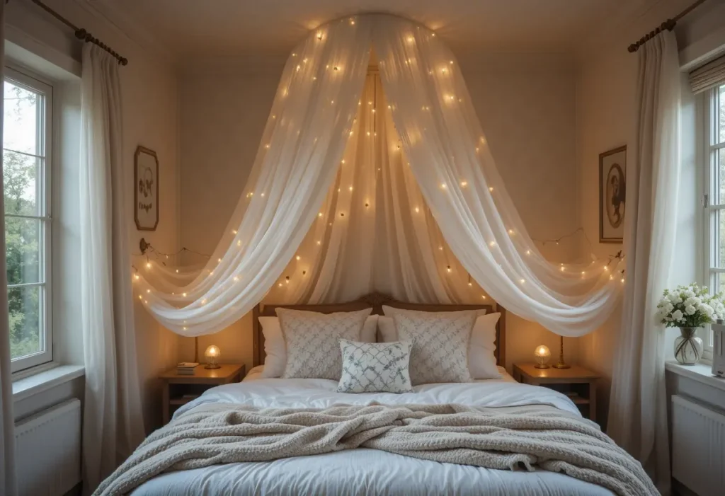 "Small cozy bedroom with a sheer canopy hanging over the bed, adding a dreamy, private feel to the space.
