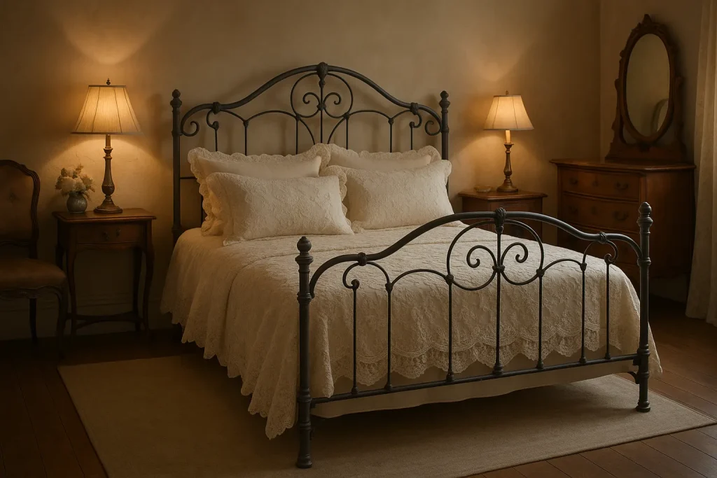 Grey wrought iron bed in a vintage-style room with lace bedding, antique furniture, and soft lighting.