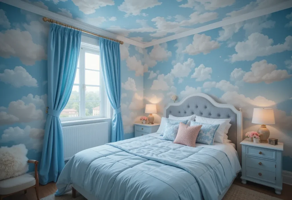 Peaceful bedroom with cloud wallpaper, fluffy pillows, and soft lighting in blue tones.