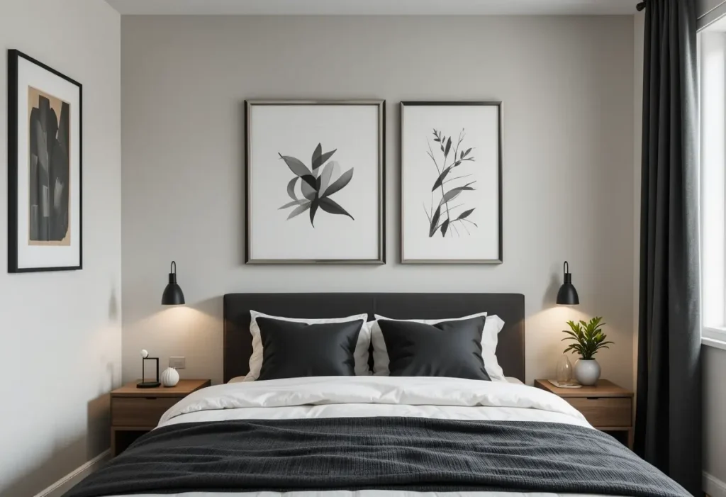 “Framed wall art above bed in modern men’s bedroom for a clean, polished look.”