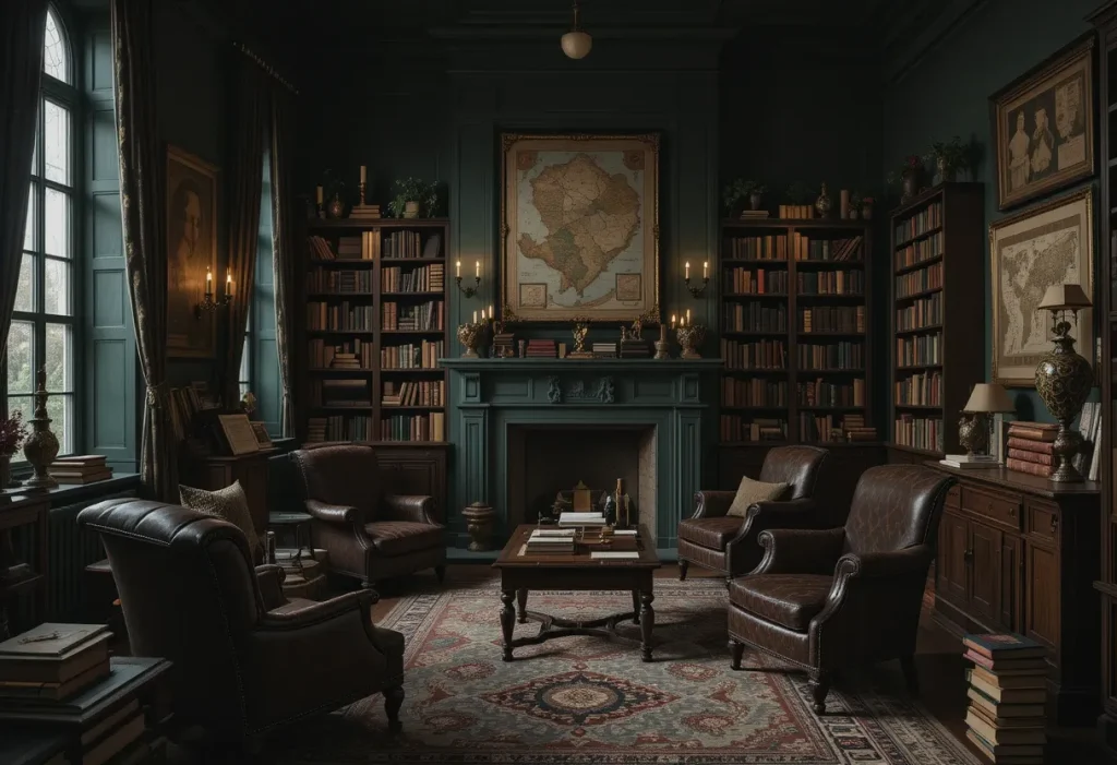 A moody, bookish room with antique furniture, stacks of books, dark green walls, and candle lighting.