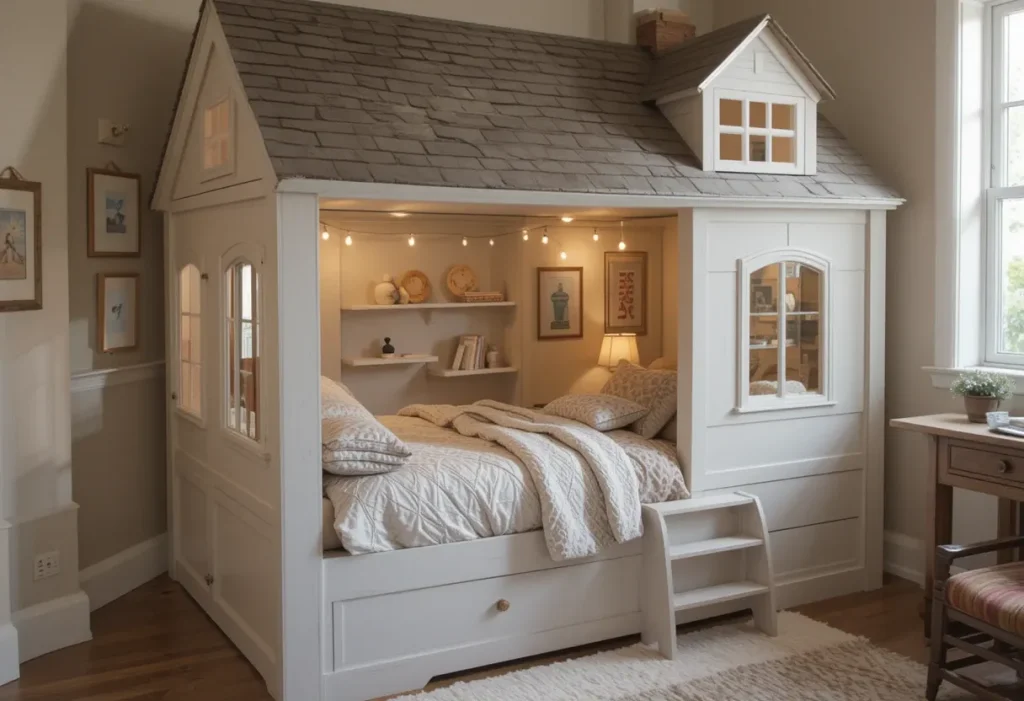 Whimsical playhouse bed with small windows, painted trim, and built-in shelves, styled for a child’s room.