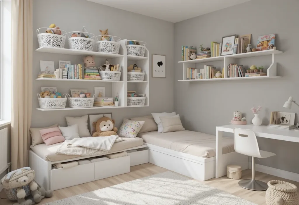 Organized child’s room with woven wall-mounted baskets holding books and small toys.”