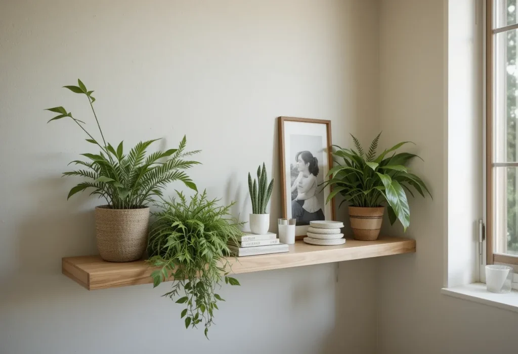 Corner shelf with potted plants and photo frames utilizing unused space.