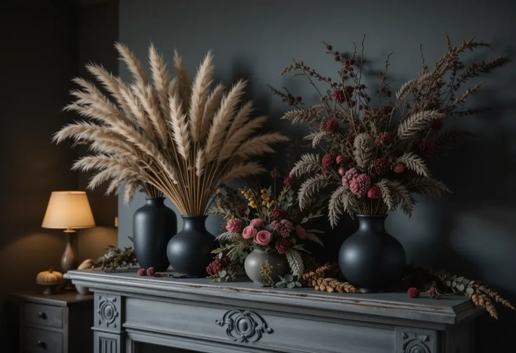 Dark romantic bedroom with dried florals in deep-colored vases adding texture and charm.
