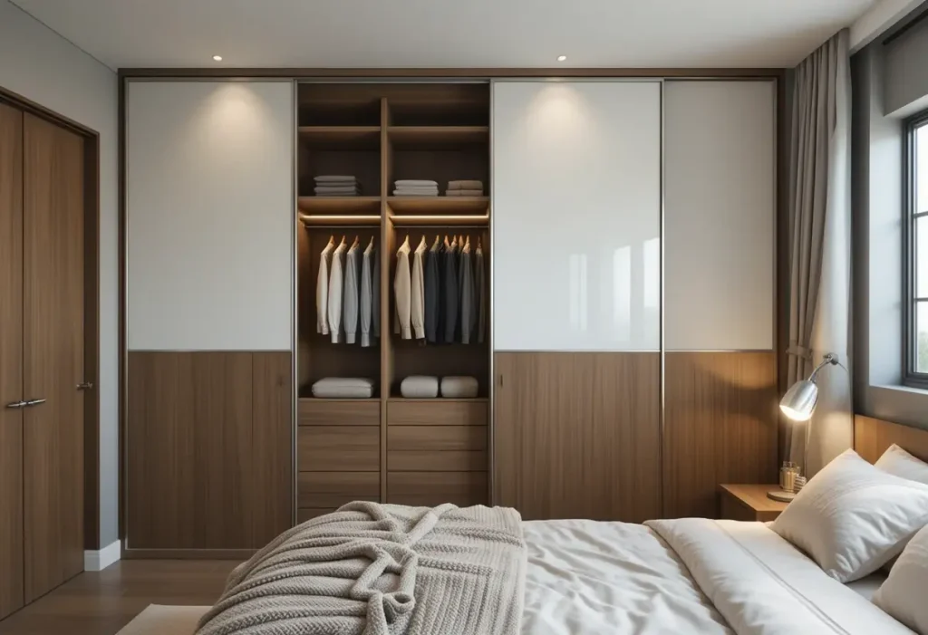 Small bedroom with sliding-door wardrobe that saves space and keeps storage organized for two.