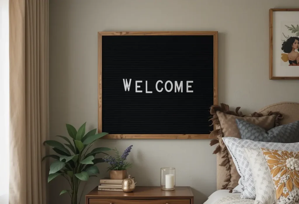 "Guest bedroom with a letter board displaying a custom welcome message for a personal touch."