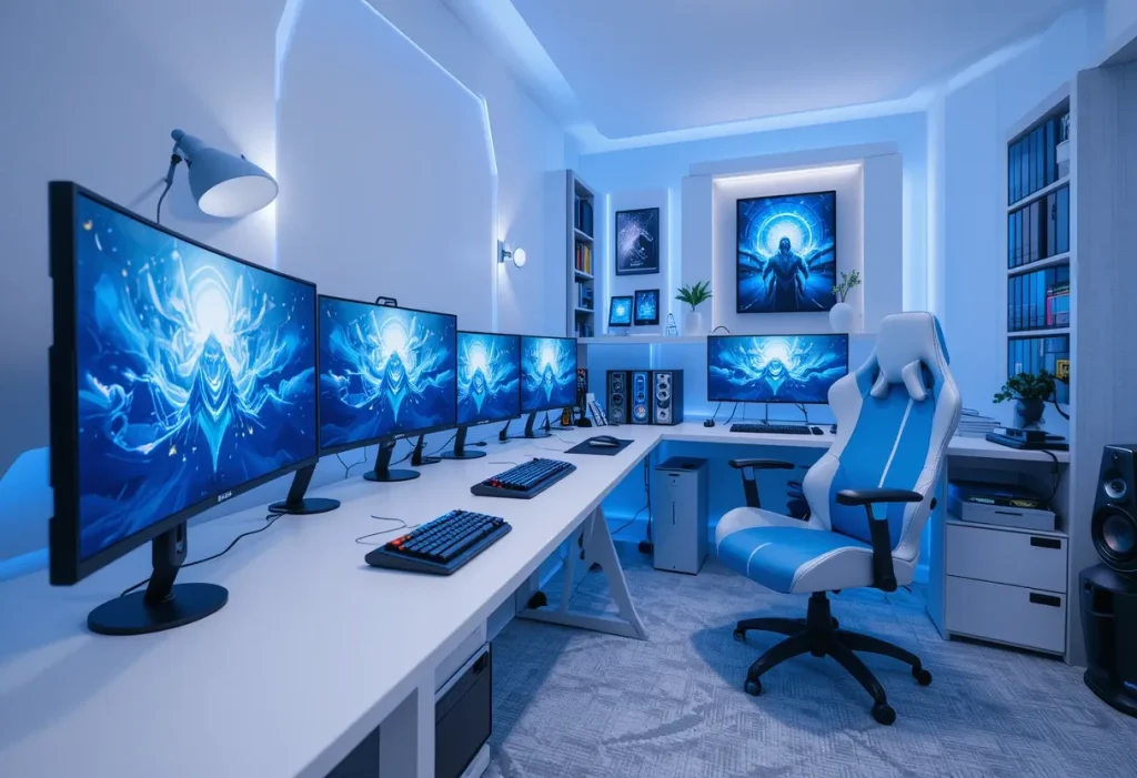 Gaming setup with all accessories, lighting, and furniture in a unified white and blue color theme.