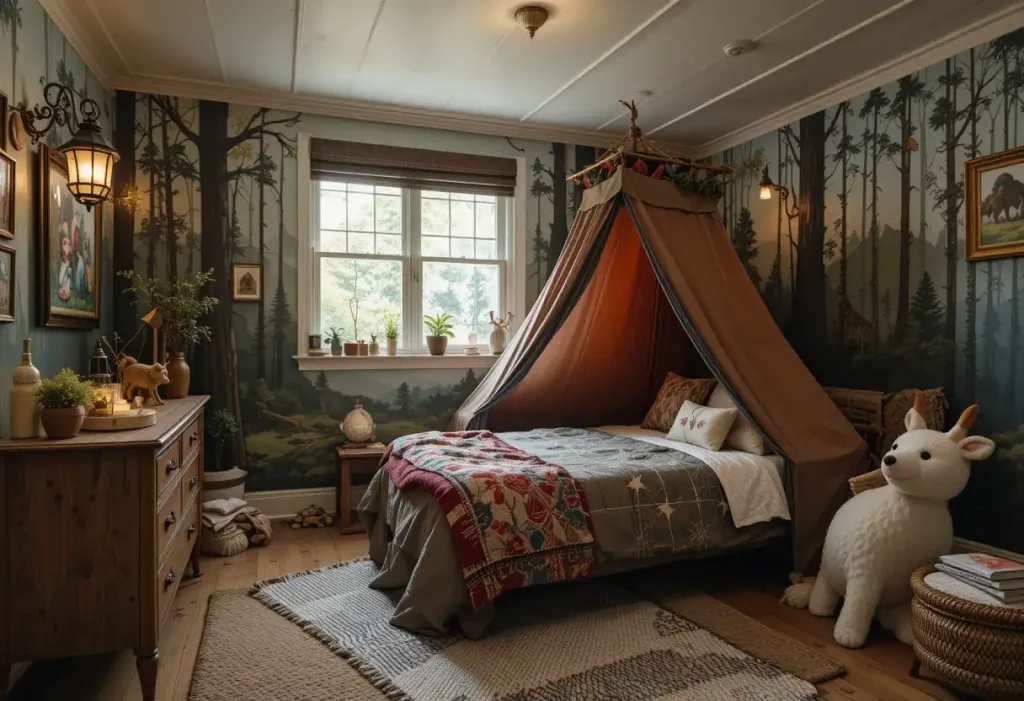 "Toddler room designed like a campsite, with tent decor, forest walls, and plush animals."