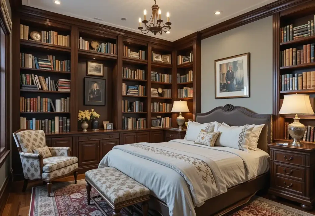 "Guest suite with wall-to-wall bookshelves, a reading nook, warm lighting, and literary-inspired decor."