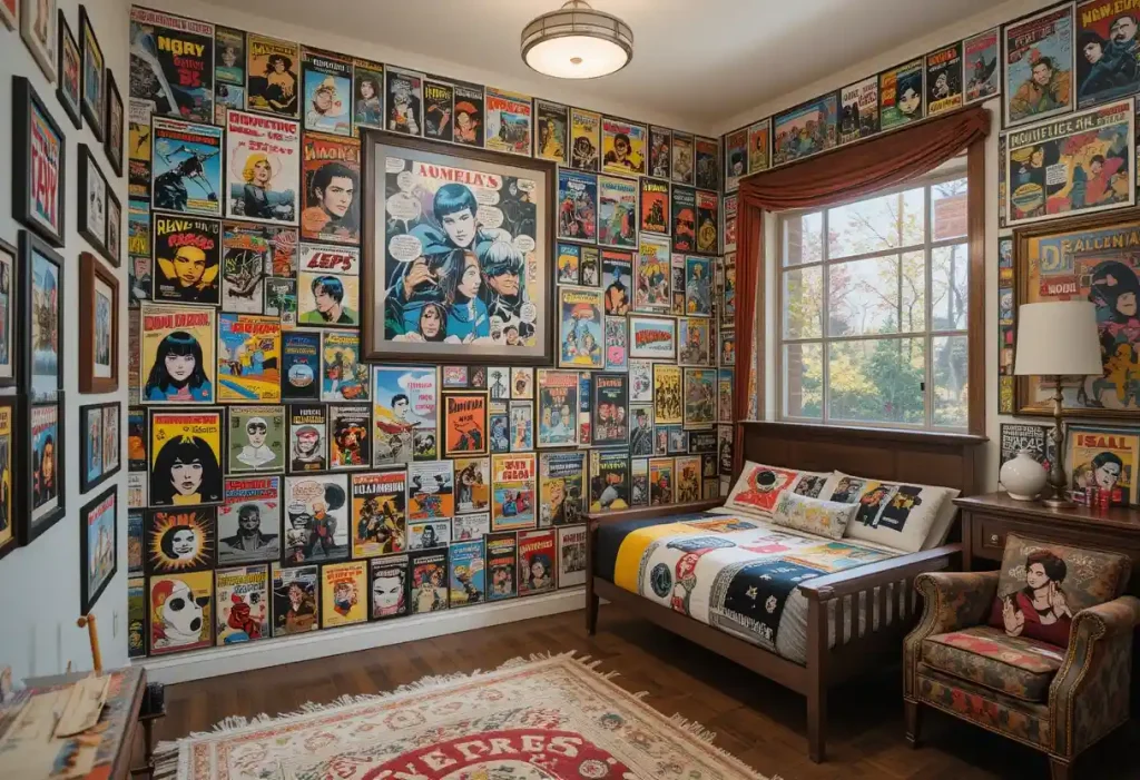 A hands-on building room with organized tools, blueprints, and a kid’s worktable.