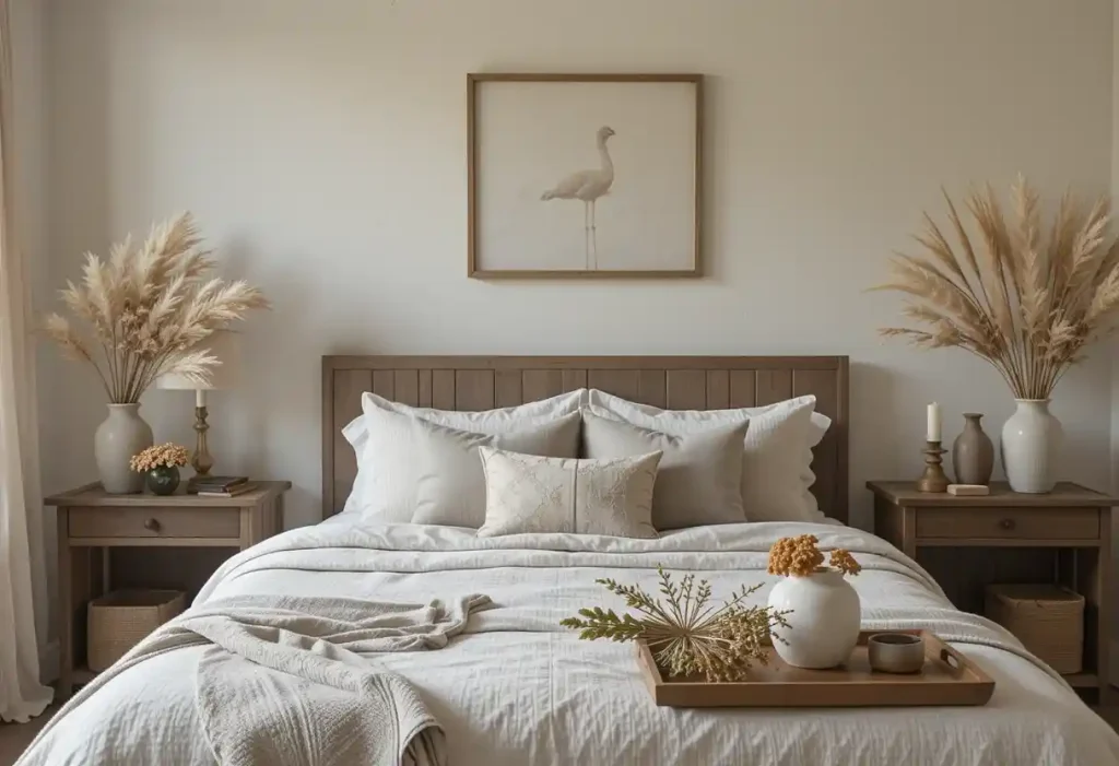 Rustic bedroom with natural decor elements like dried flowers and wood accents.
