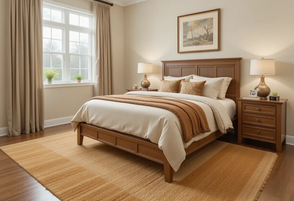 Bedroom with a caramel-toned area rug grounding the bed and complementing soft neutral tones.