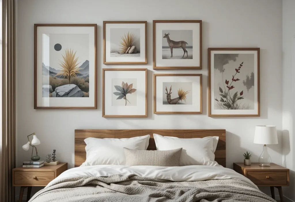 Wood-framed art pieces arranged on a gallery wall above a bed in a minimalistic space.