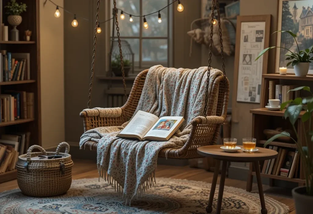 Swing chair on a balcony with a blanket, book, and string lights creating a cozy reading space.