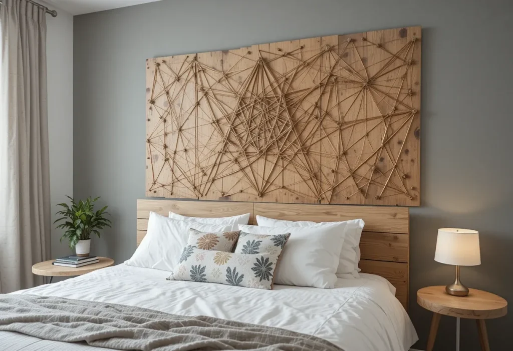 Bedroom wall featuring a blank wooden plaque prepped with nails (no string), ready for a geometric or text-based design.