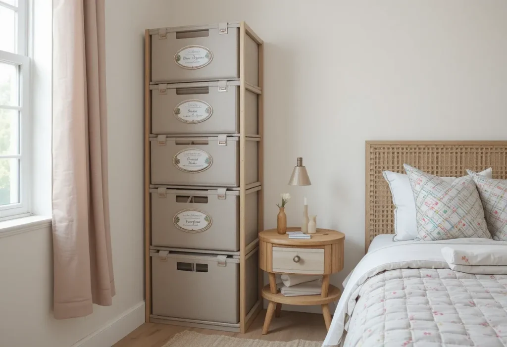 Clean and simple small bedroom with minimal furnishings and a calming, cohesive color palette.