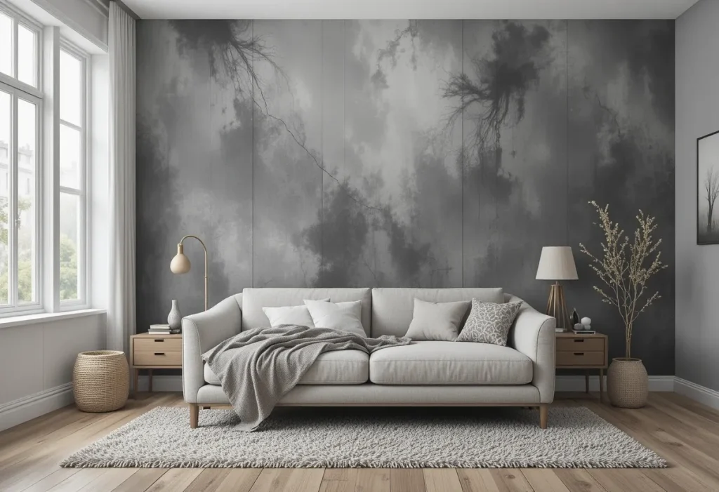 Dark grey wallpaper in bedroom with warm metallic accents
