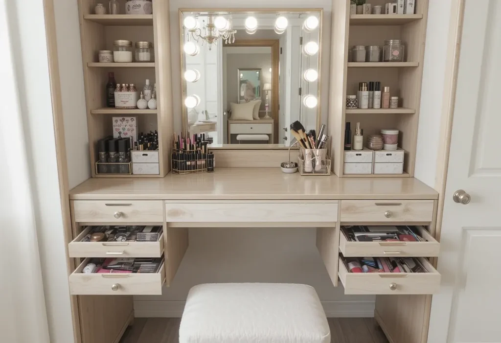 Organized vanity setup with drawer compartments, LED mirror, and clean, light-filled bedroom design.
