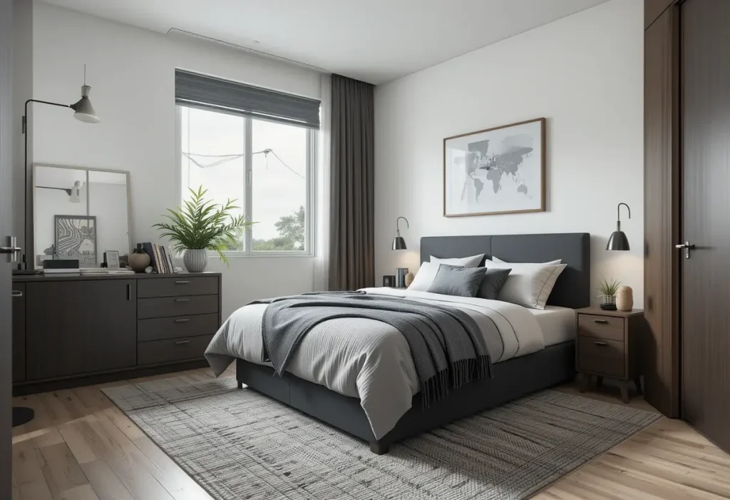 “Clean and organized men’s bedroom with minimalist decor and tidy surfaces.”