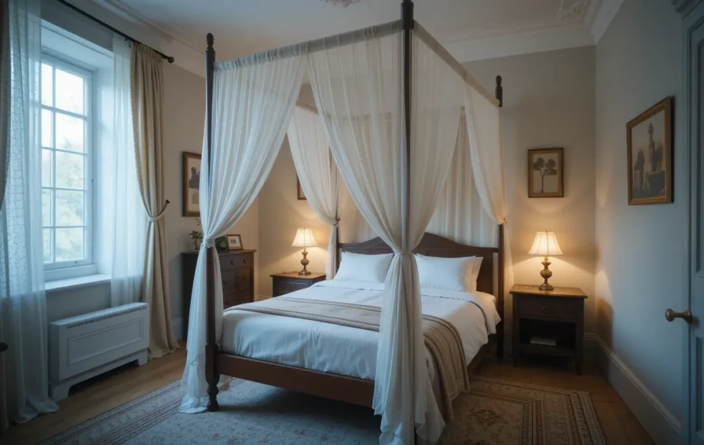 Elegant small bedroom with a fabric-draped canopy frame over a single bed and ambient lighting.