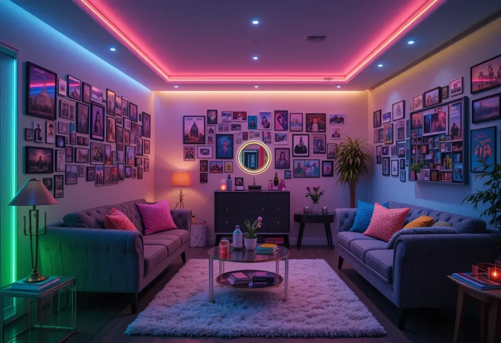 A modern bedroom with colorful LED ceiling lights, collage wall, trendy mirror, and fluffy decor accents.