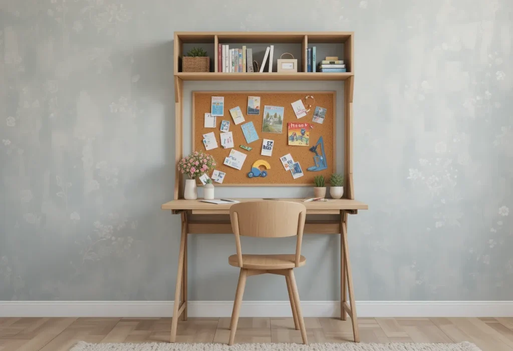 Wall-mounted fold-up desk with corkboard and built-in shelves, paired with a child-sized chair and art tools.