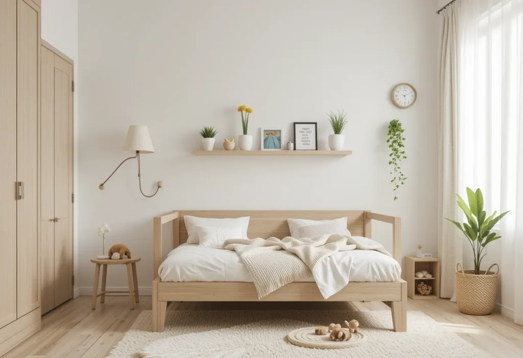 Minimalist kids’ bedroom with white walls, natural wood furniture, and open floor space.”