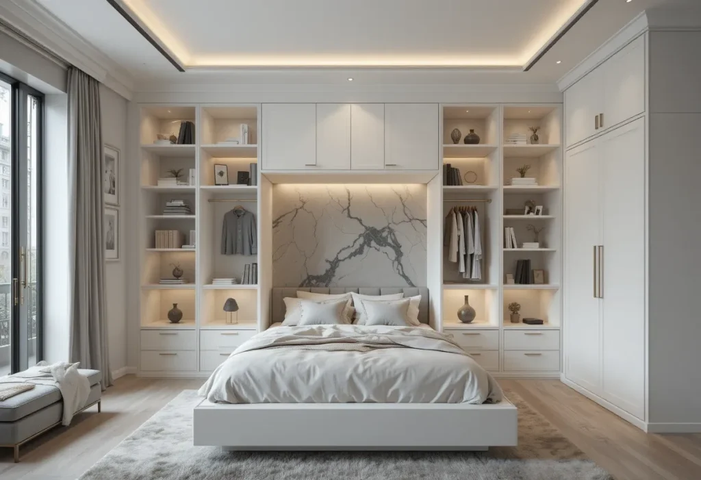 Custom built-in storage unit with bed niche and shelves.