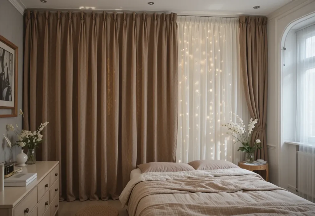 Heavy curtain divider hung from the ceiling separating a bedroom area in a studio apartment.