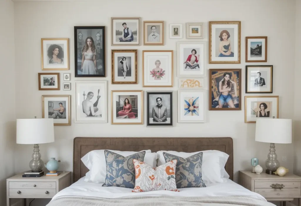 "Gallery wall in a bedroom featuring an eclectic mix of framed artwork and photos."