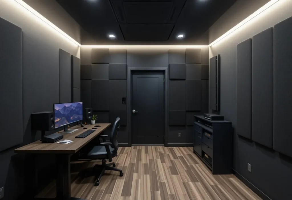 Large black soundproof panels lining the walls and corners of a gaming room to control noise and echo.