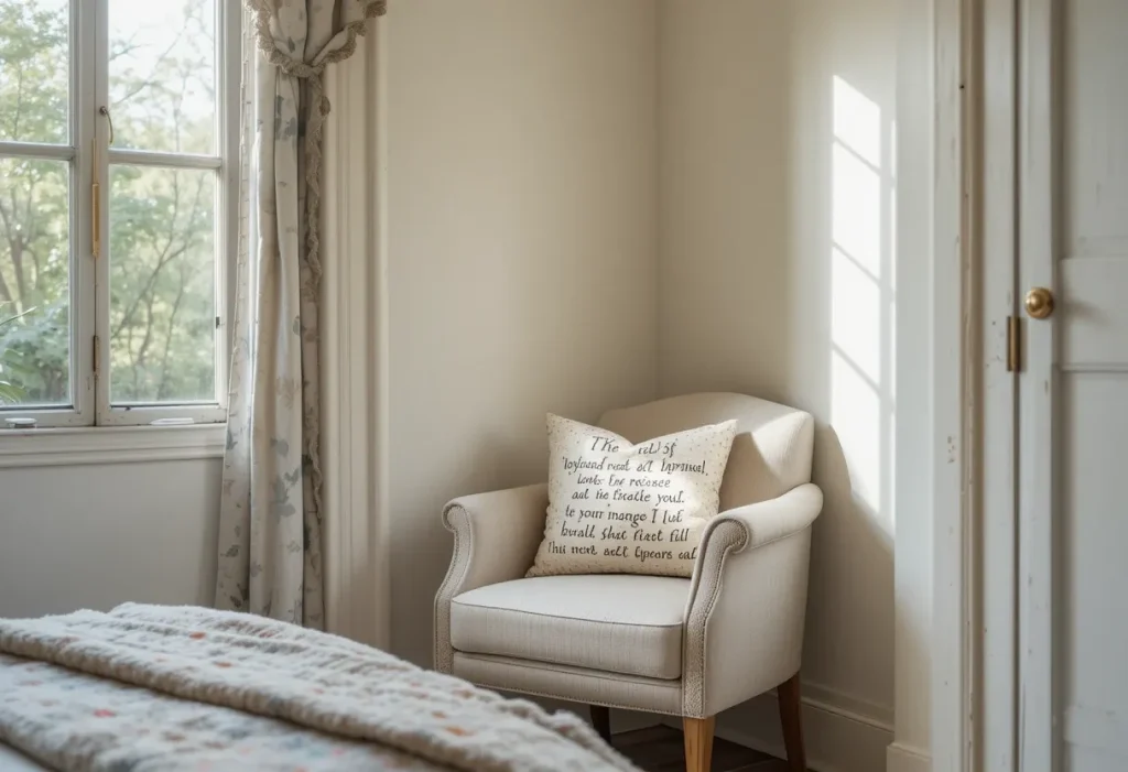 Small guest room seating area with an armless chair or bench, throw pillow, and cozy blanket.