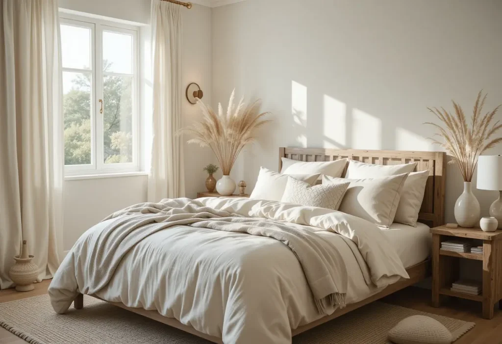 "Bedroom styled with all-linen bedding and curtains in neutral tones, creating a light, airy, and effortlessly cozy atmosphere.