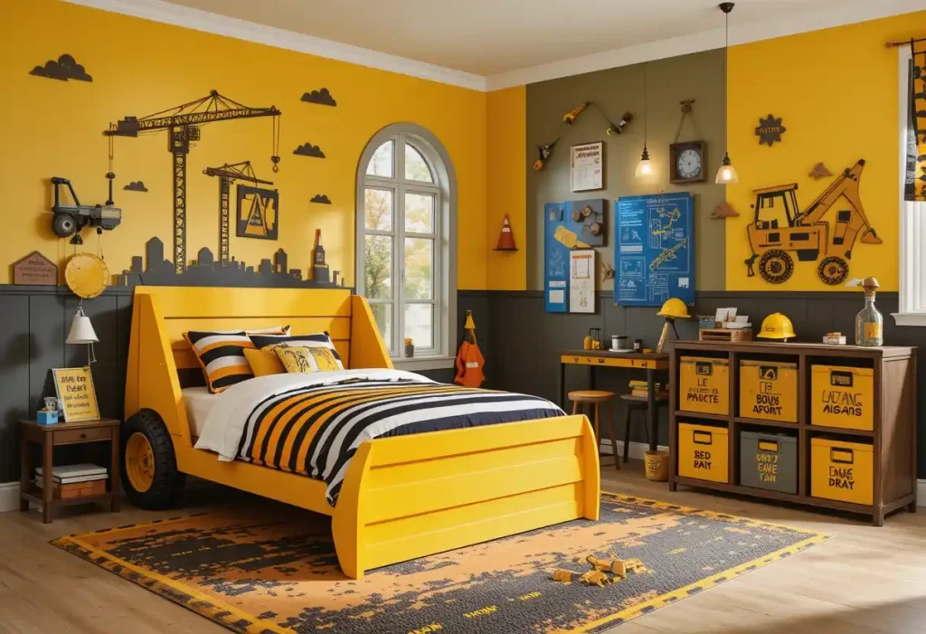 "Construction-themed boys’ bedroom with truck bed, crane wall decals, caution tape decor, and bold yellow and black accents."
