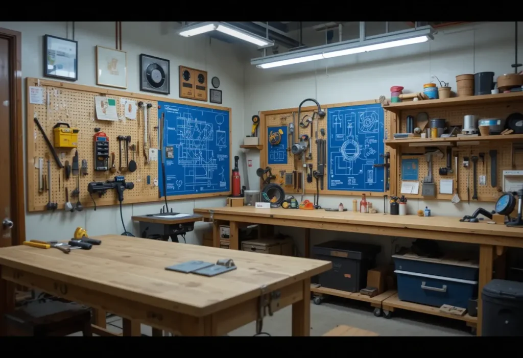 A log cabin-style room with checkered bedding, lantern lamps, and wood paneling.