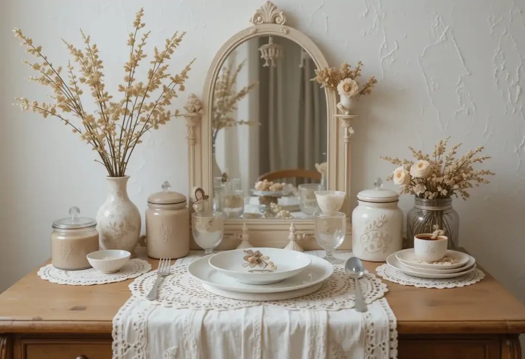 Soft vintage vanity with layered doilies under glass jars and lace details.