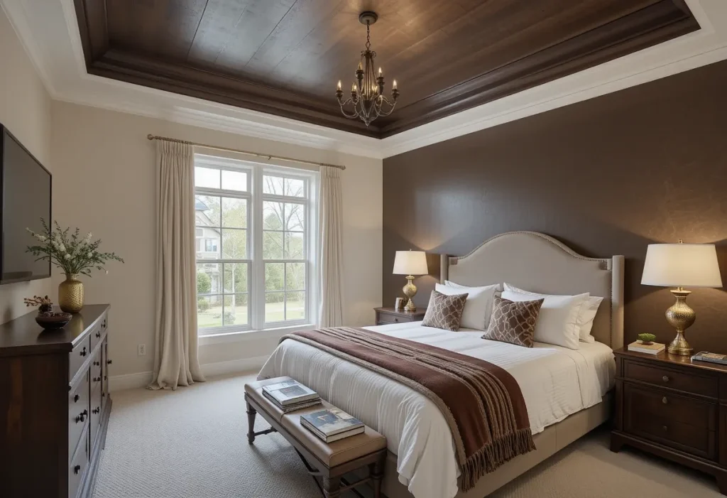 Bedroom featuring a bold chocolate brown painted ceiling with lighter walls and cozy lighting.
